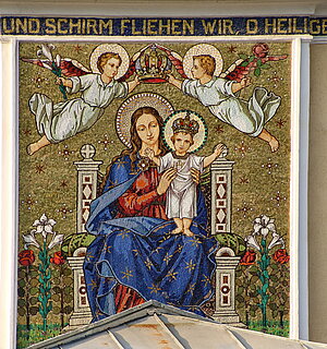 Haslau-Maria Ellend, Pfarr- und Wallfahrtskirche Unsere Liebe Frau, Fassadenmosaik, um 1910